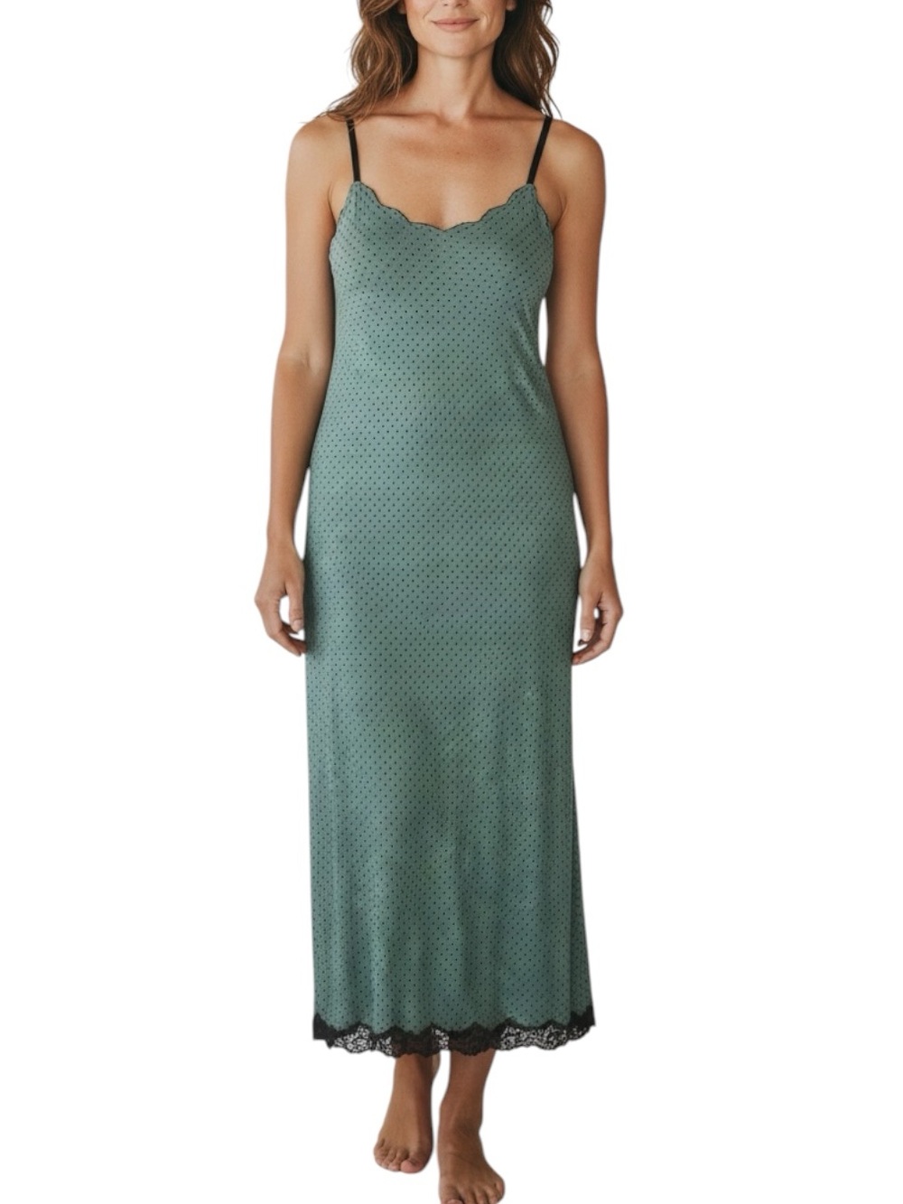 SOMA Satin Slip Nightgown with Lace Trim Green and Gray Polka Dots Size XL